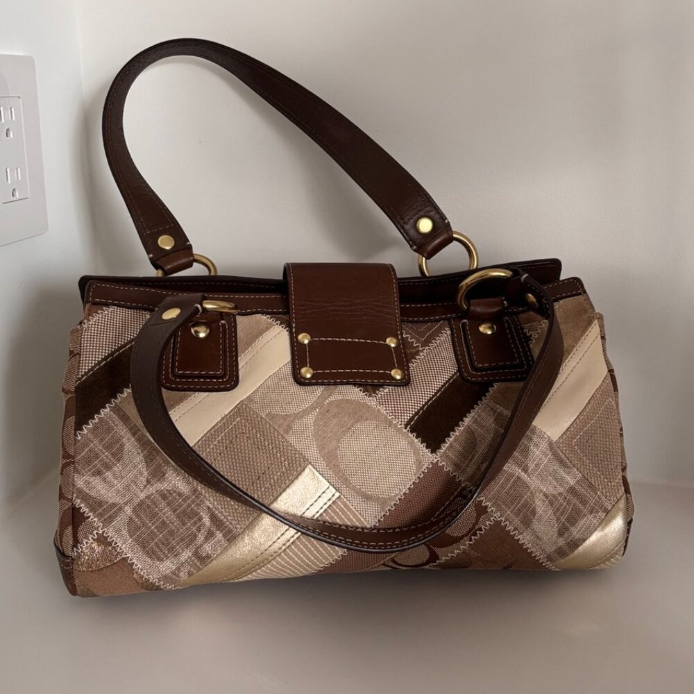 Coach 12524 Brown Turnlock Canvas/Suede Patchwork *RARE* - Picture 2 of 4